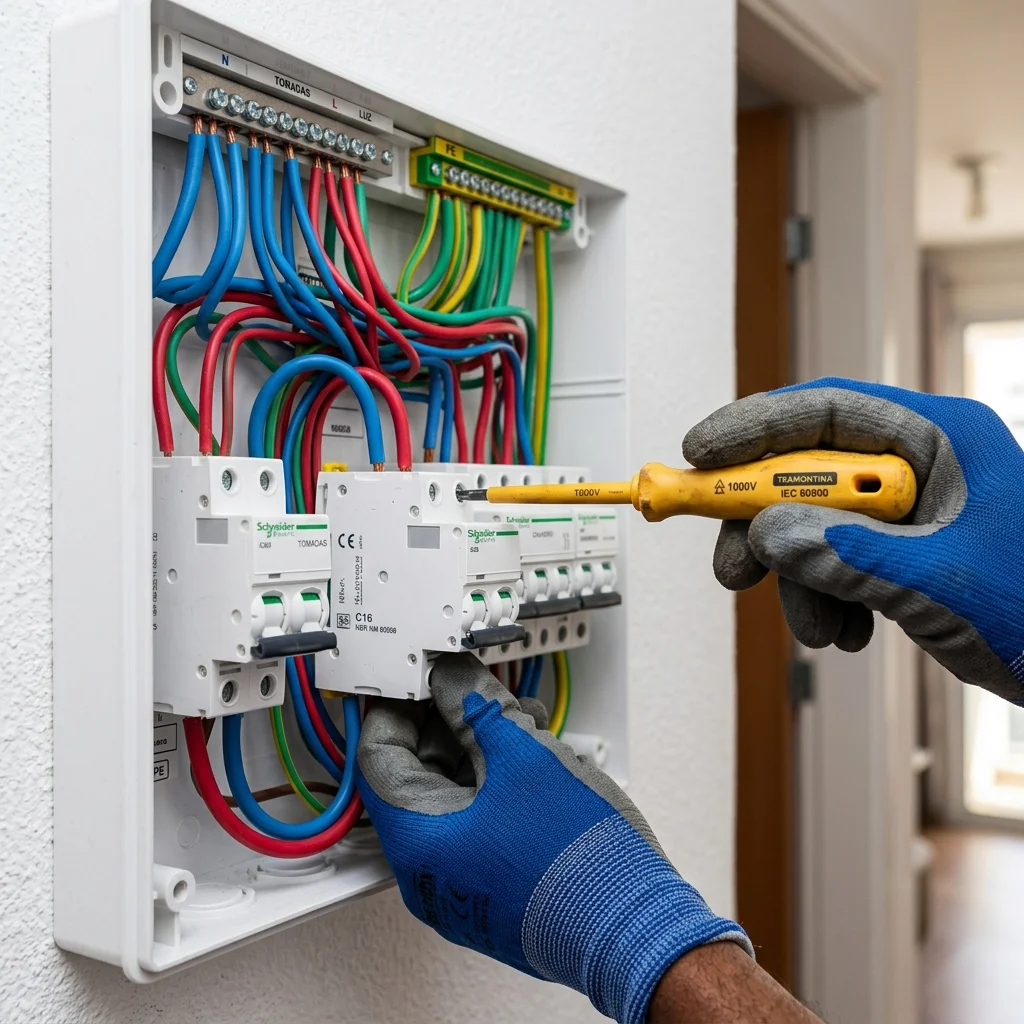 Eletricista trocando disjuntor em quadro elétrico residencial no Brasil